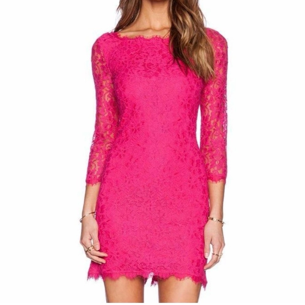 Diane Von Furstenberg Zarita Vibrant Pink Lace Back Zip up Dress NWT